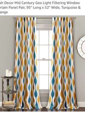 Mid-Century Geo Light-Filtering Curtain Panel Pair - Turquoise & Orange 95x52